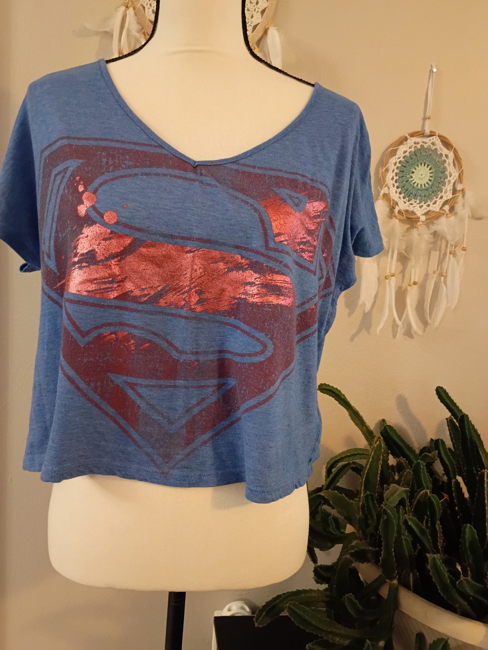 DC Comics Blue Crop Top with Metallic Red Superman Emblem